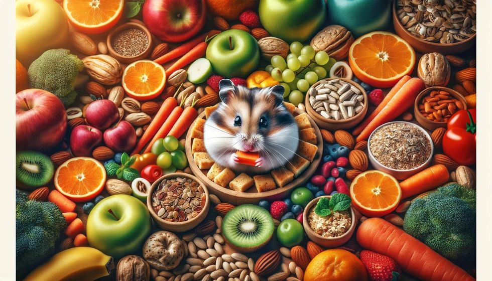 A hamster surrounded by colorful and nutritious food alternatives to bread, such as apple slices and carrot sticks, promoting a healthy diet for hamsters.