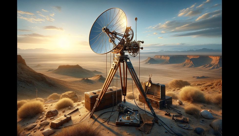 A heliograph apparatus mounted on a tripod in a rugged desert landscape.
