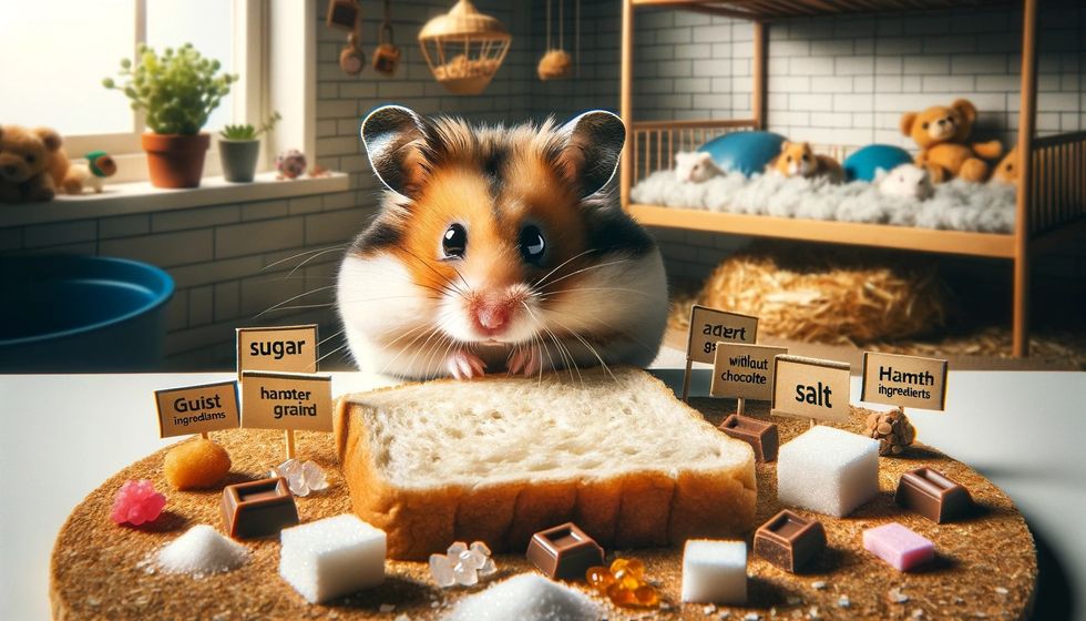 A hesitant hamster looks at a piece of bread surrounded by sugar cubes and chocolate, cautioning against harmful ingredients in hamster diets.