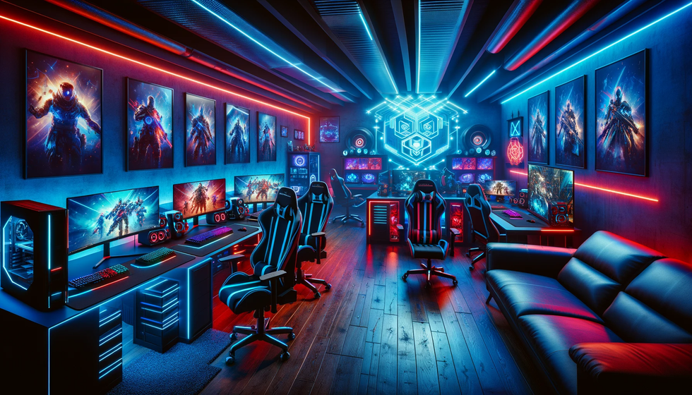 A high-tech gaming room with multiple computer setups, gaming chairs, and vibrant LED lighting.