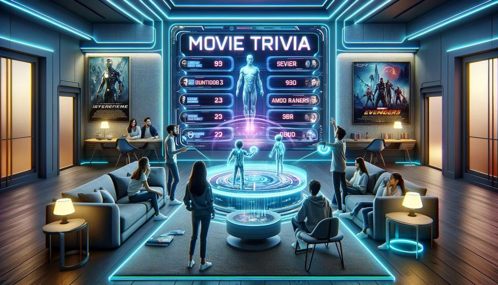 A high-tech, modern living room scene where participants are fully engaged with a 3D holographic movie trivia game, interacting with lifelike projections and answering movie trivia questions in an entertainment experience.
