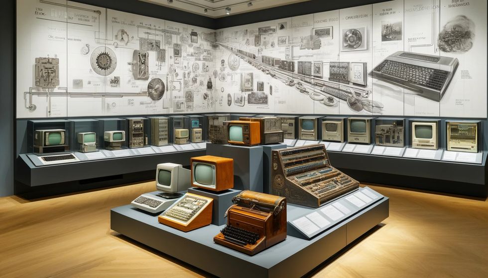 A historic computer museum displaying a timeline of computer development from early mechanical devices to modern digital technology, illustrating the rapid evolution of technology.