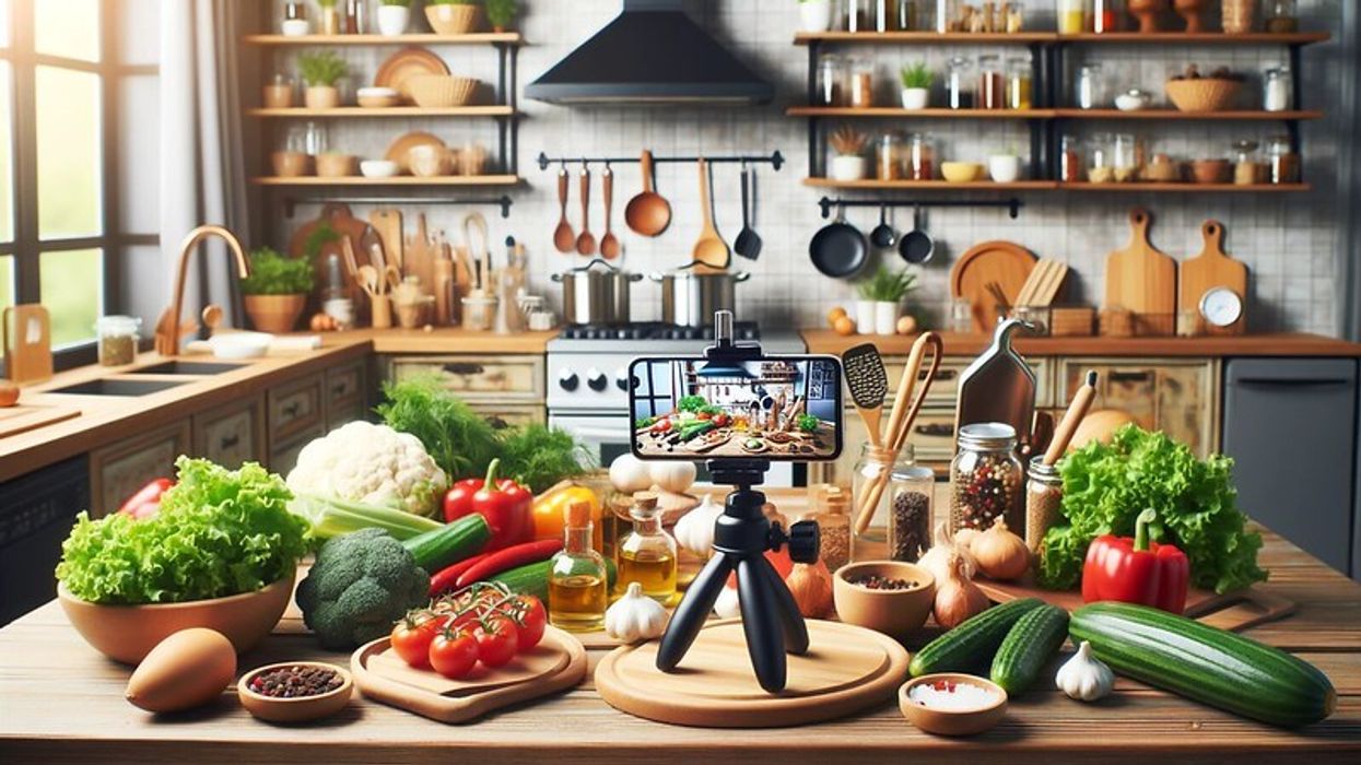 A home kitchen, ingredients and kitchen tools, and a smartphone on a tripod.