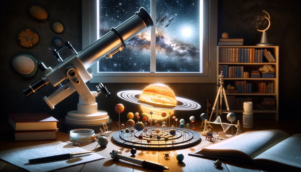 A homemade model of the solar system, a telescope pointing at a starry sky, scientific books, a microscope, and a DNA model.