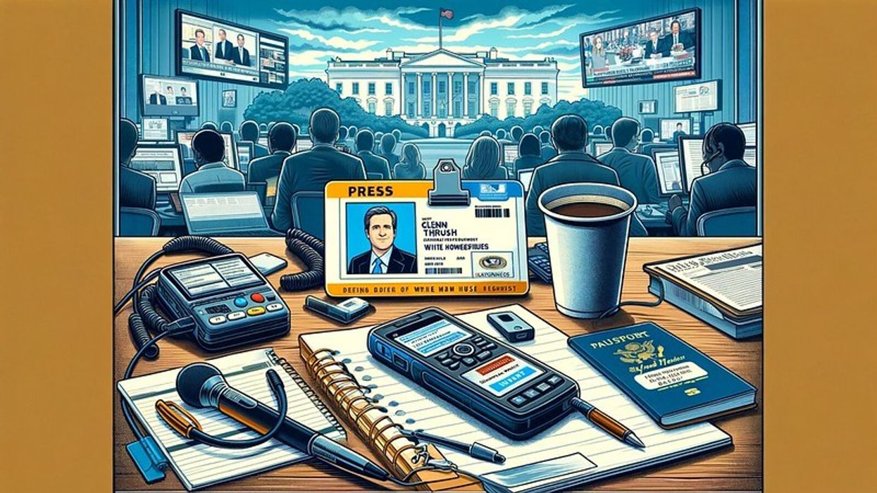 A journalist's desk with White House press credentials, notes, voice recorder, laptop with draft article, and coffee cup, set against a backdrop of a busy newsroom.