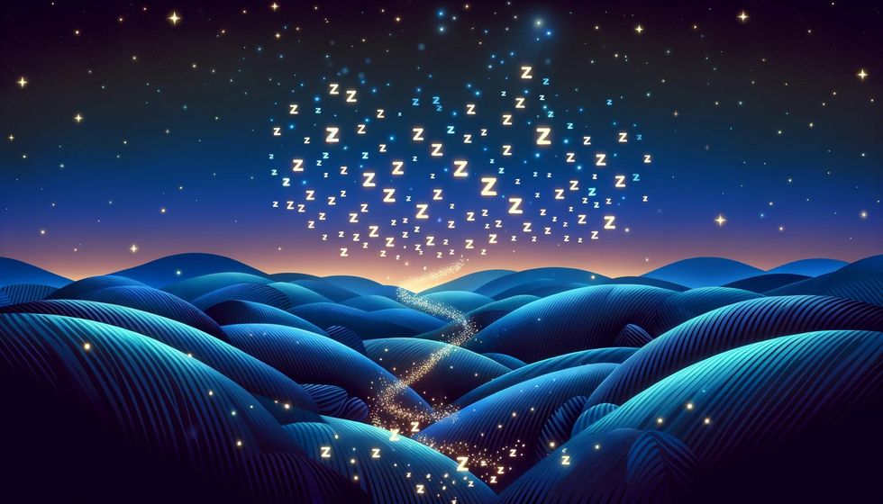 A landscape at night illuminated by countless glowing 'Z' symbols, idea inspiration for sleep jokes.