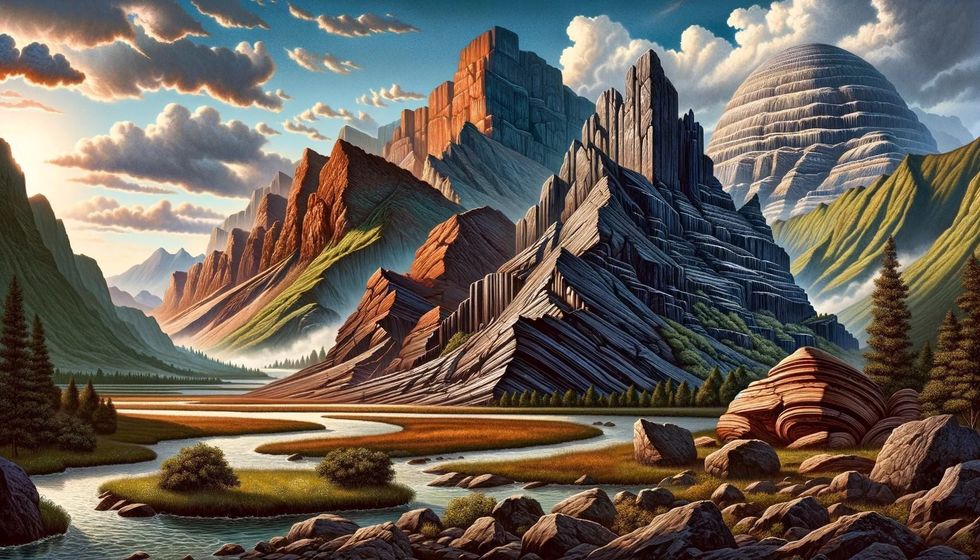 A landscape featuring the three main rock types - igneous on a volcanic landscape, metamorphic on mountain slopes, and sedimentary by a riverbank, under a clear sky.