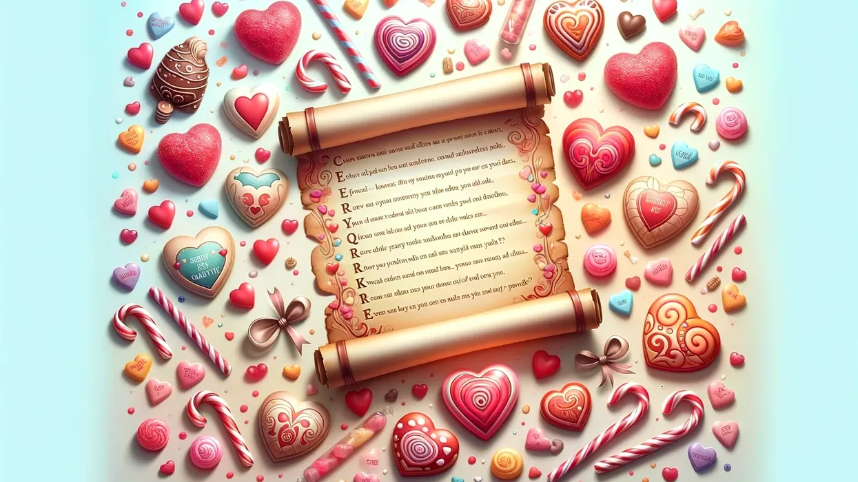 A landscape filled with hearts, candies, and love riddles on scrolls, embodying the sweetness and whimsy of romance.