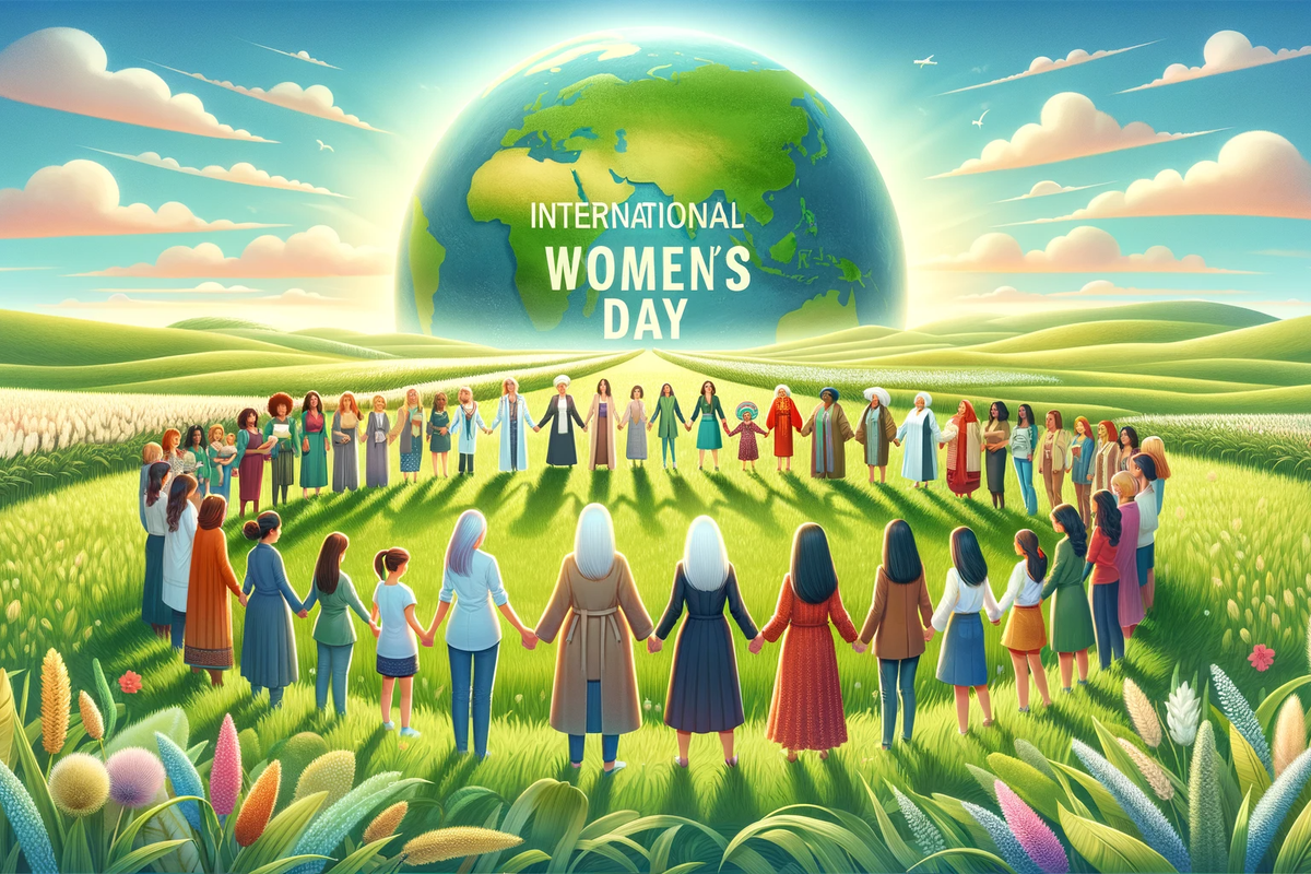 A landscape-oriented image representing International Women's Day. It symbolizes the unity, diversity, and empowerment of women from various cultures and professions.