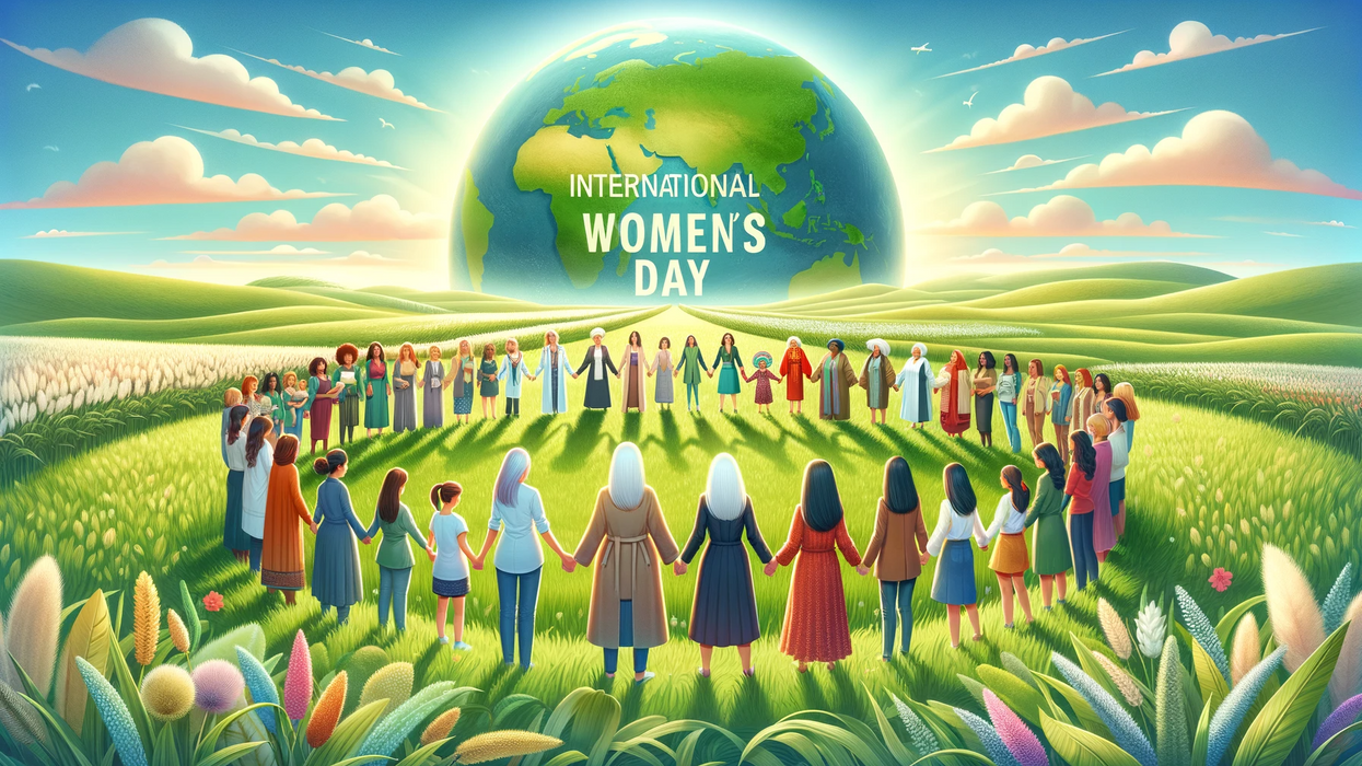 A landscape-oriented image representing International Women's Day. It symbolizes the unity, diversity, and empowerment of women from various cultures and professions.