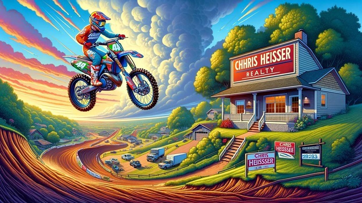 A landscape scene with a motocross dirt bike in the air, featuring a real estate office blending racing and real estate themes.