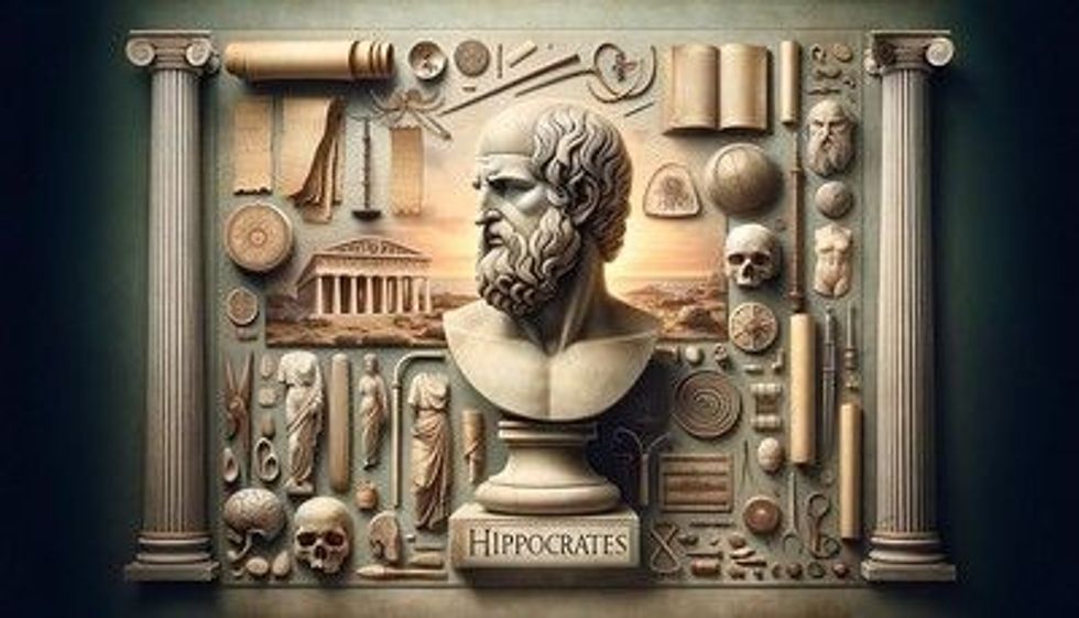 A landscape showcasing a head statue with Hippocrates written on it, along with other medical-related items