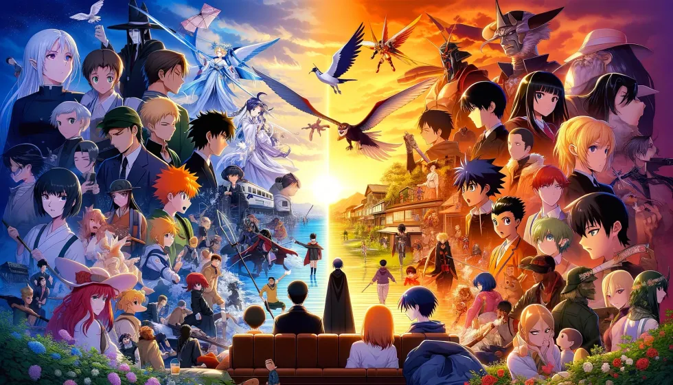 A landscape showcasing popular classical and contemporary anime, highlighting the genre's evolution.