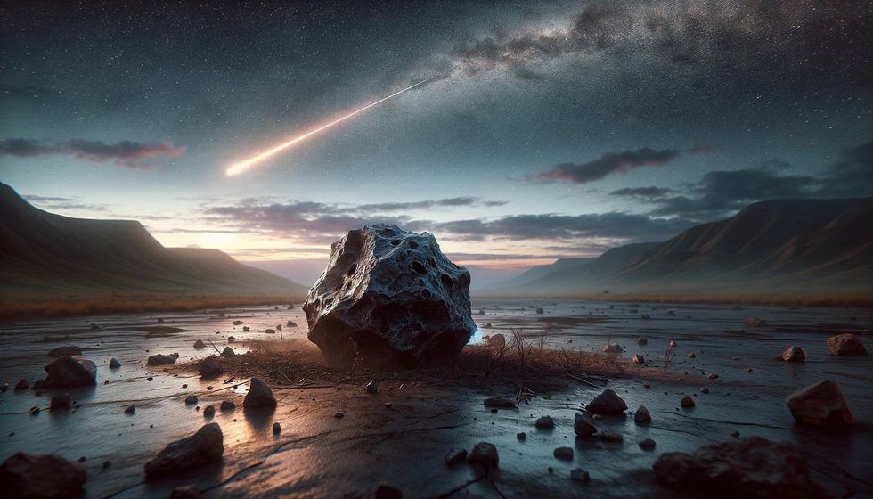 A large meteorite rests on the land, surrounded by debris and a faint crater, with a shooting star streaking across the twilight sky in the background.