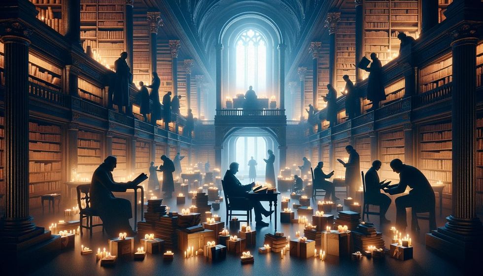A library lit by candlelight with silhouettes of figures browsing books and small glowing gifts scattered around.