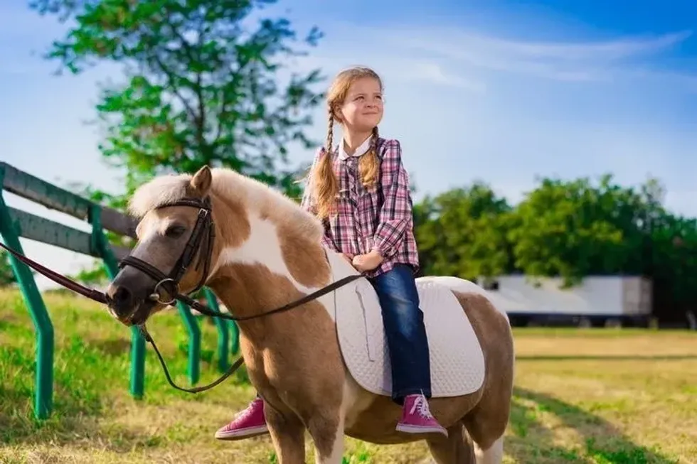 A little cowgirl sitting on a pony
