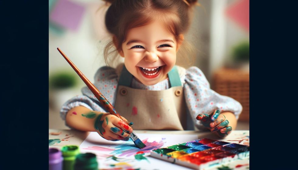 A little girl laughs with joy as she paints, surrounded by vibrant colors.