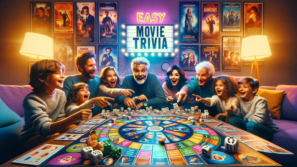 A lively family game night with a colorful movie trivia board game on the table, sparking joy and competition as family members answer movie trivia questions.