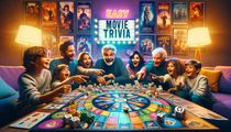 A lively family game night with a colorful movie trivia board game on the table, sparking joy and competition as family members answer movie trivia questions.