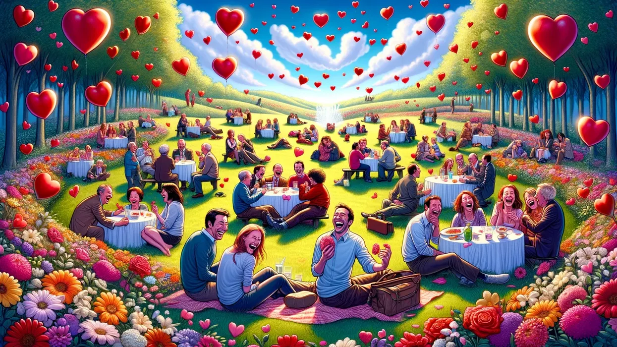 A lively park scene filled with laughing people, flowers, and hearts, capturing the joy of Valentine's Day jokes.