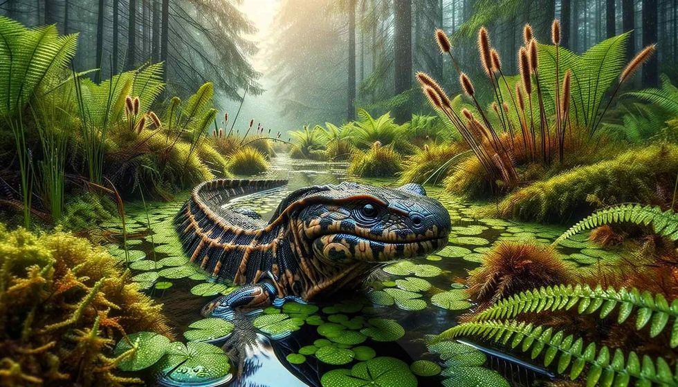 A lush, freshwater habitat from the Late Carboniferous to Early Permian period, with a Diplocaulus peeking through the water's surface, surrounded by horsetails and ferns.