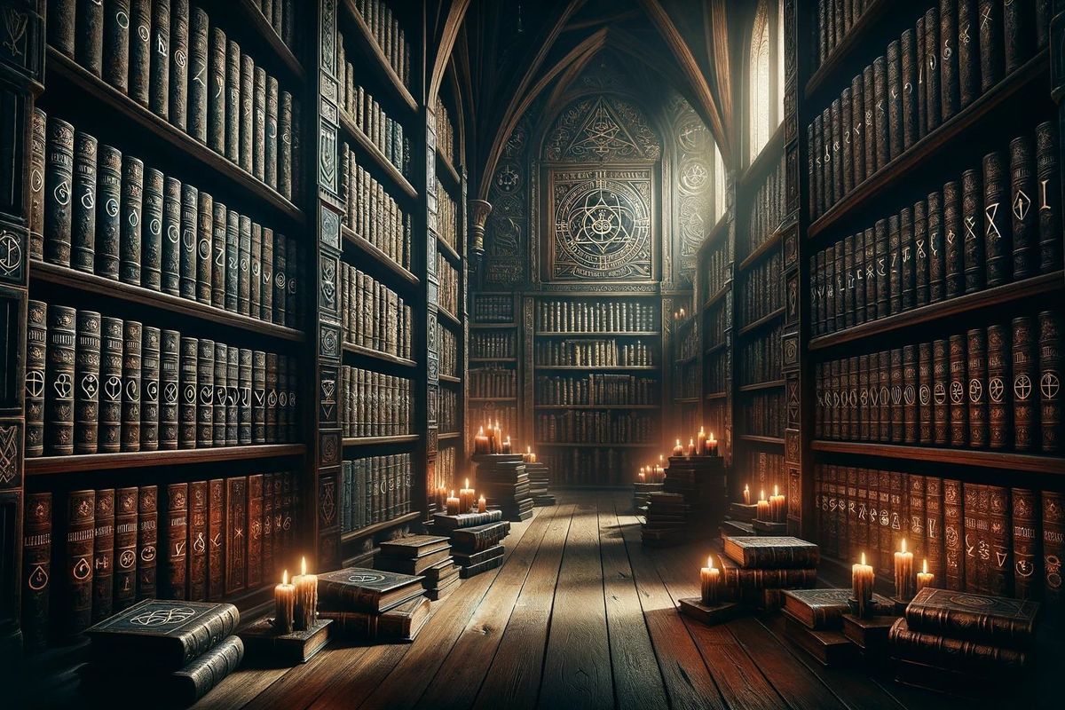 A majestic, ancient library filled with thick tomes, each bearing cryptic symbols and dark last names of their authors.