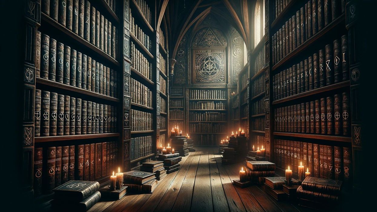 A majestic, ancient library filled with thick tomes, each bearing cryptic symbols and dark last names of their authors.