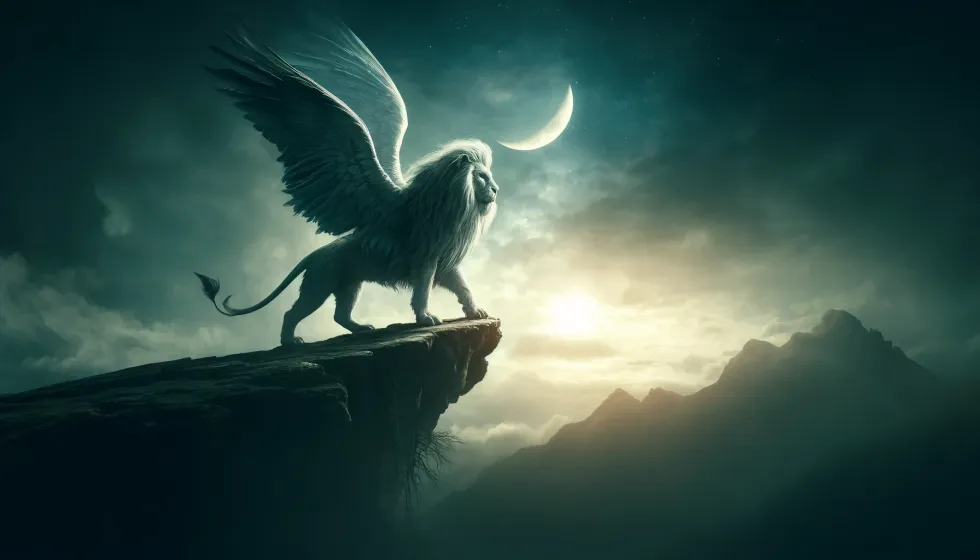 A majestic beast-like angel on a cliff under a moonlit sky.