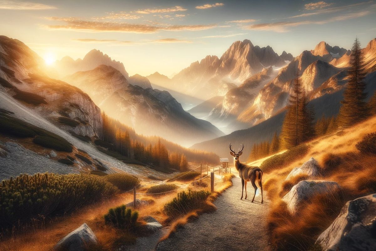 A majestic deer stands on a mountain trail at sunrise, embodying the serene beauty and peacefulness essential to facts about hiking.
