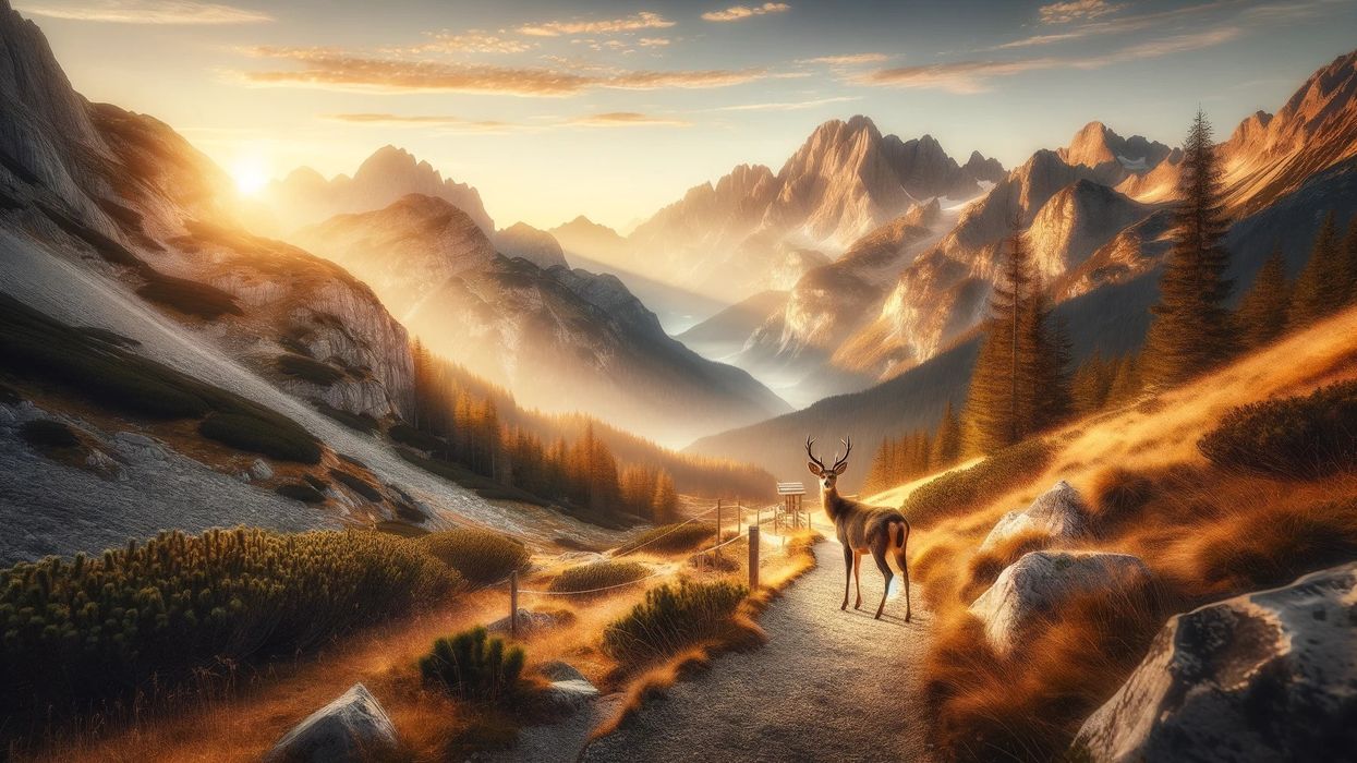 A majestic deer stands on a mountain trail at sunrise, embodying the serene beauty and peacefulness essential to facts about hiking. 