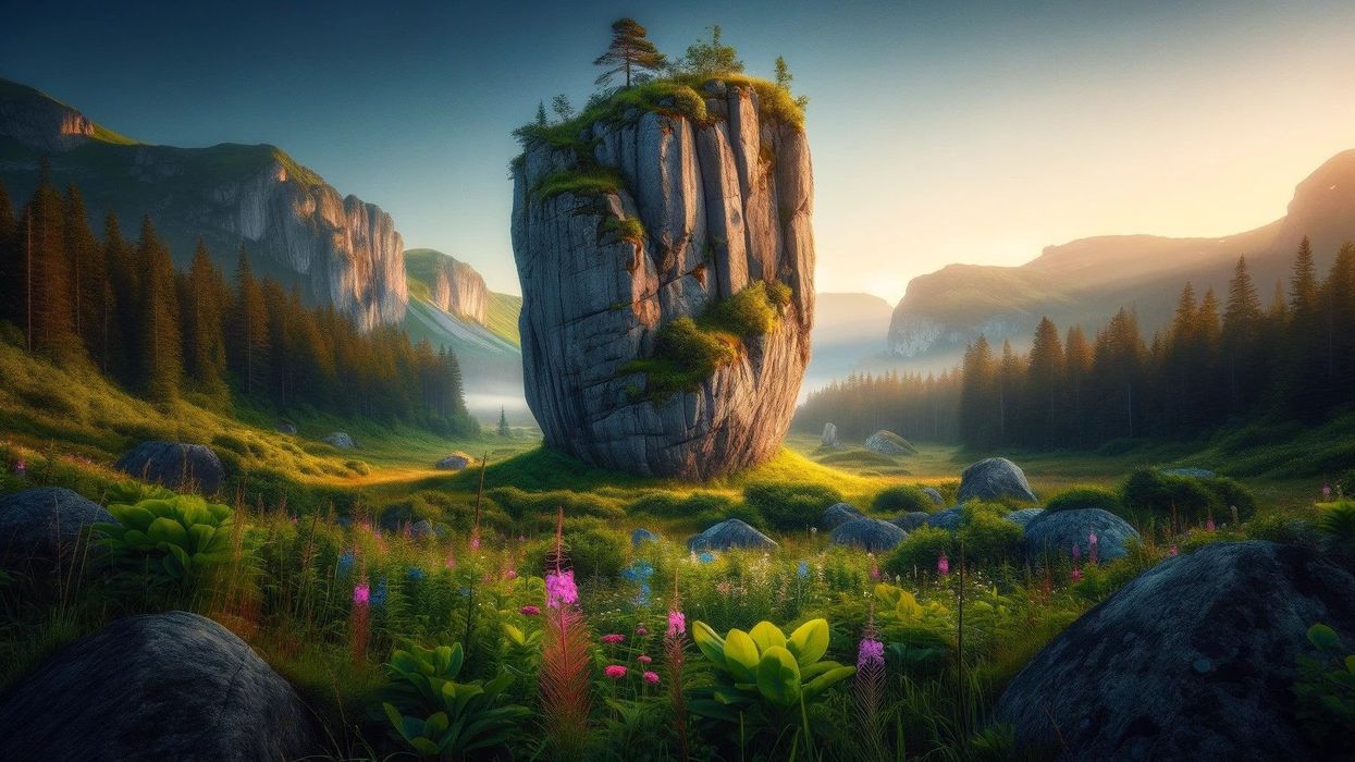 A majestic rock stands in the center of a serene natural habitat, surrounded by lush greenery and wildflowers, with a distant mountain range in the background.