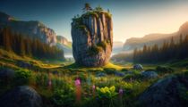 A majestic rock stands in the center of a serene natural habitat, surrounded by lush greenery and wildflowers, with a distant mountain range in the background.