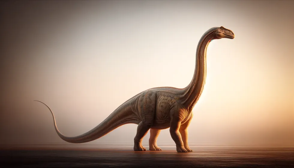 A Mamenchisaurus against a plain background, showcasing its long neck and tail with a soft golden light enhancing its features.