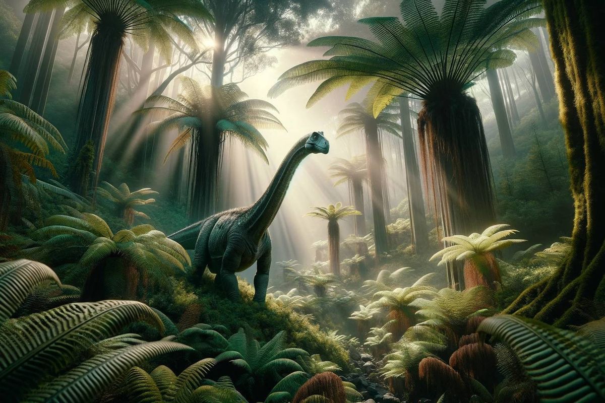 A Mamenchisaurus in a lush prehistoric forest, stretching its neck to browse on high foliage under the early morning light.
