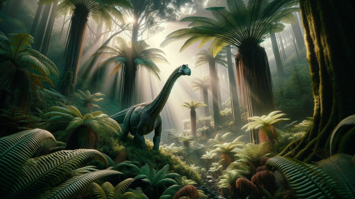 A Mamenchisaurus in a lush prehistoric forest, stretching its neck to browse on high foliage under the early morning light.