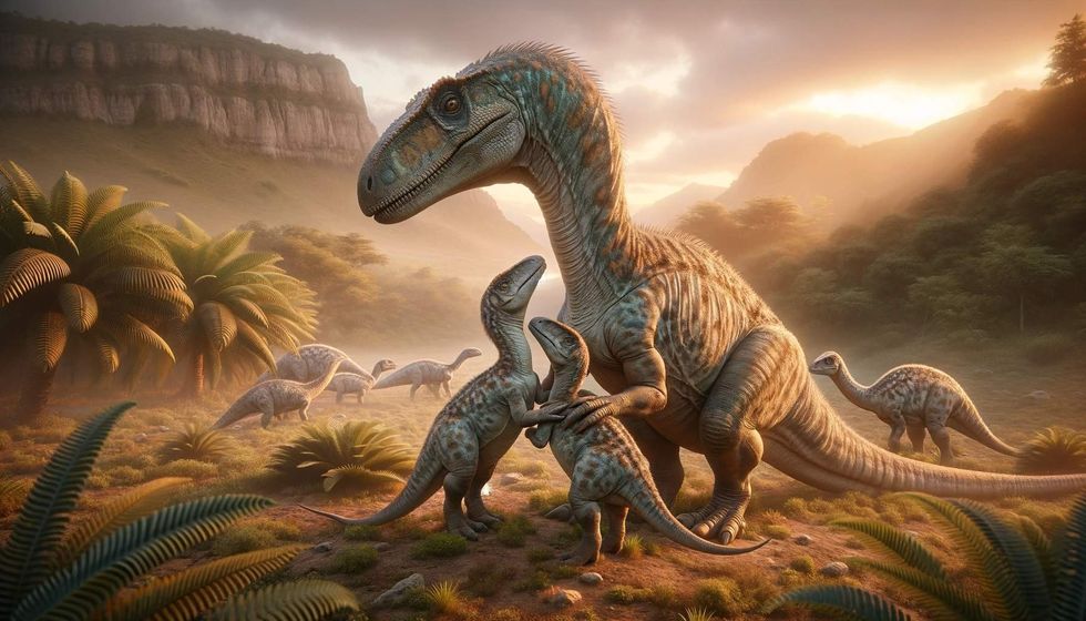 A Mamenchisaurus with its young, depicted in a nurturing scene within a gentle prehistoric landscape.
