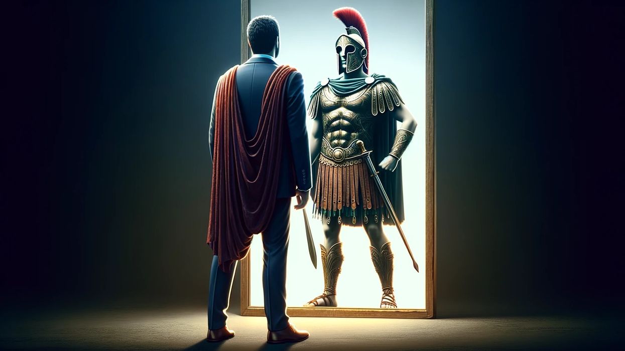 A man staring into a mirror with his alter ego in the form of a medieval age soldier staring back at him.