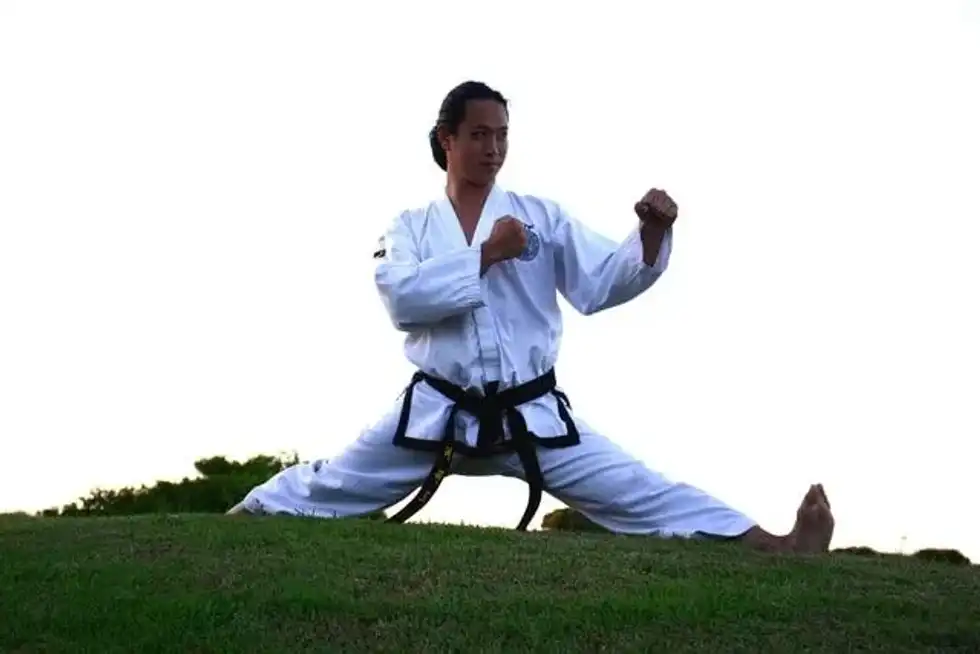 A martial artist dressed in a dobok and positioned in a fighting stance.