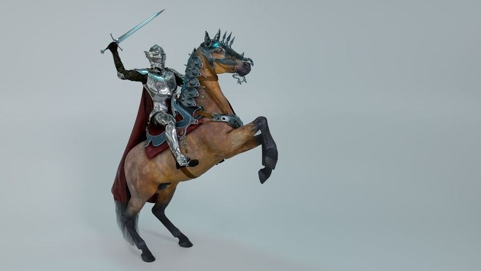 A medieval knight in shining armor with a sword in a helmet with a lowered visor riding a war horse. 