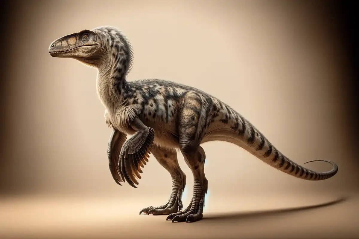 A Megaraptor against a plain beige background, highlighting its feathered body and long claws in the soft, diffused light of late afternoon.