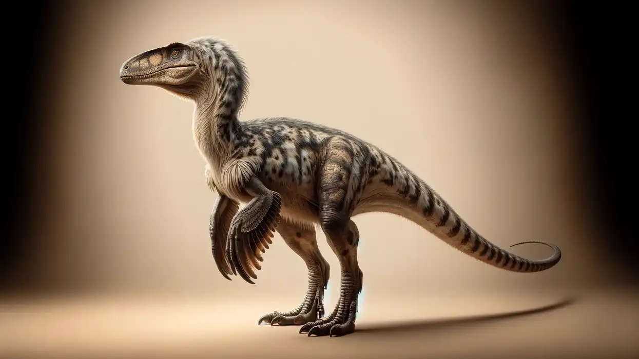 A Megaraptor against a plain beige background, highlighting its feathered body and long claws in the soft, diffused light of late afternoon.
