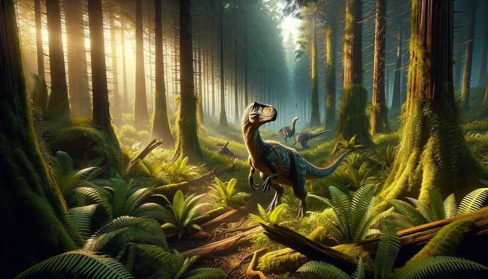 A Megaraptor stealthily moving through a dense, misty Cretaceous period forest, blending with the lush greenery in the golden light of sunset.