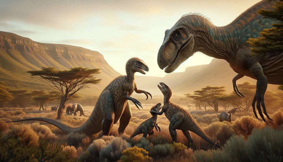 A Megaraptor with two juveniles against a backdrop of rolling hills and sparse vegetation, in a warm, nurturing scene under a clear sky.