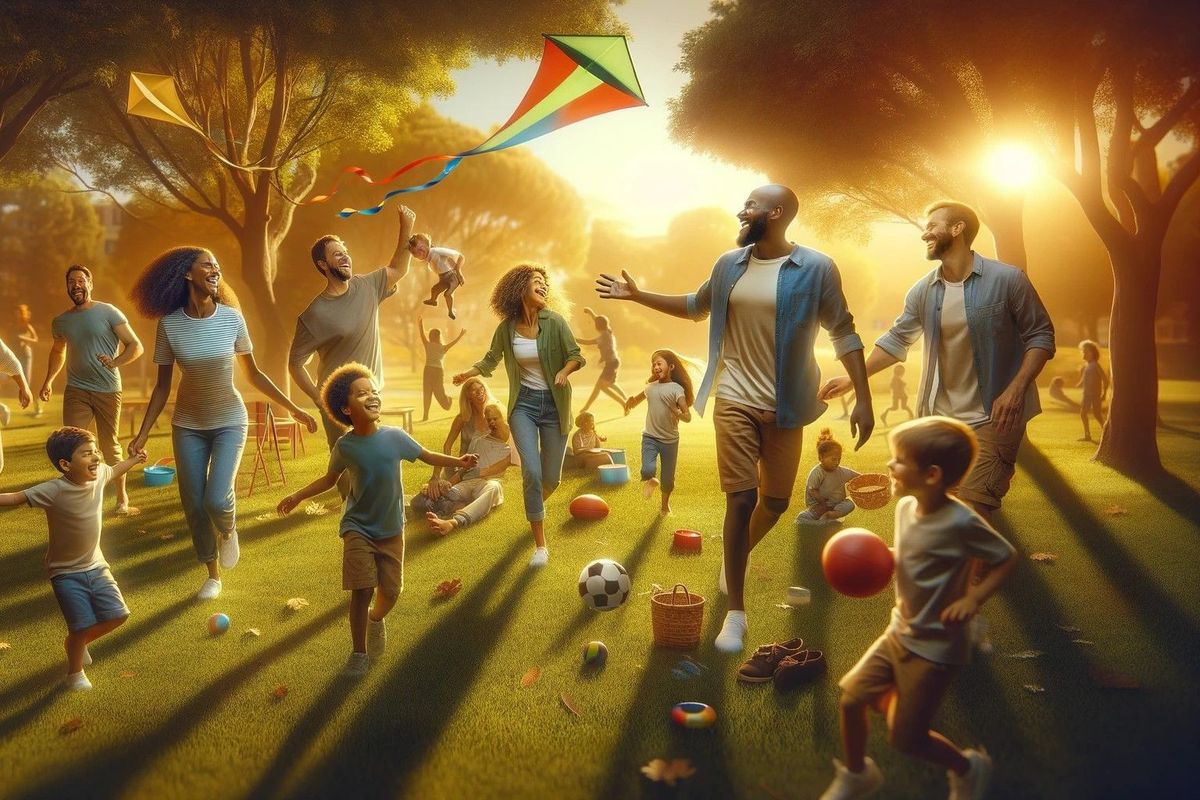 A mix of families engaged in joyful outdoor activities.