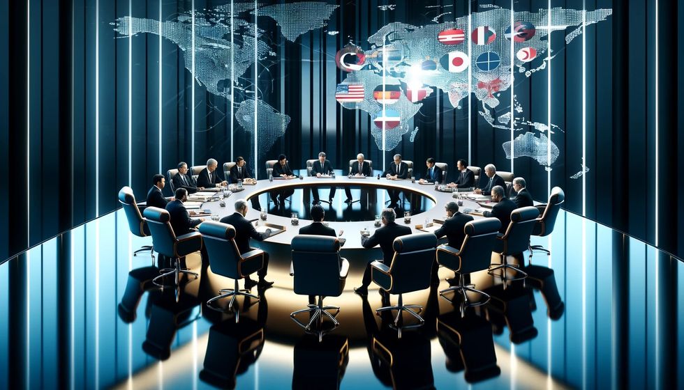A modern conference room with contemporary world leaders engaged in a roundtable discussion, symbolizing international diplomacy and cooperation