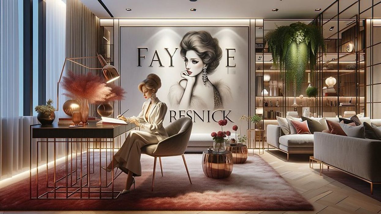 A modern interior design room with elegant furniture and décor, a woman writing at a desk, and the name 'Faye Resnick' stylishly displayed.