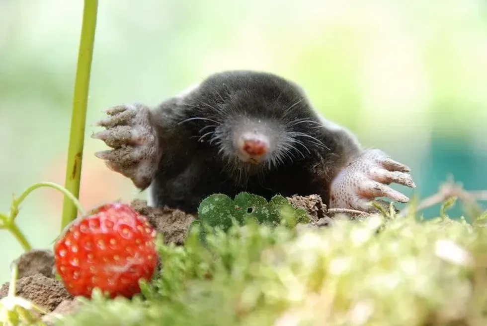 A mole out in the wild next to a strawberry which is lying on the grass.