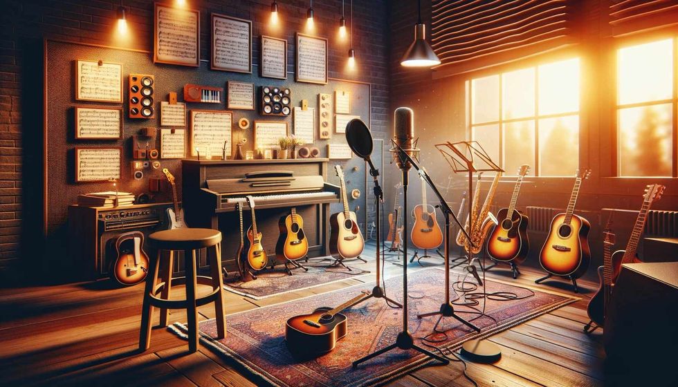 A music studio representing an iconic American singer, filled with instruments, a microphone, and framed music sheets.