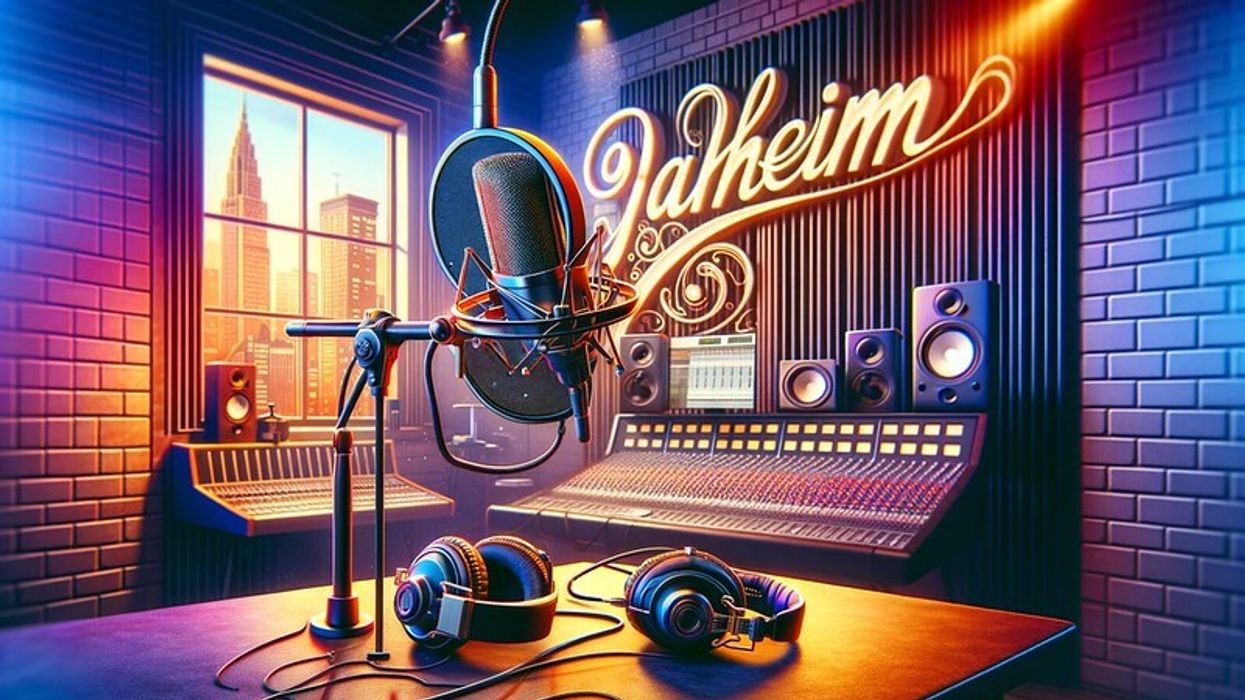 A music studio scene inspired by Jaheim Hoagland, featuring studio equipment like a microphone and headphones, with 'Jaheim' displayed on the wall, encapsulating the essence of R&B music.