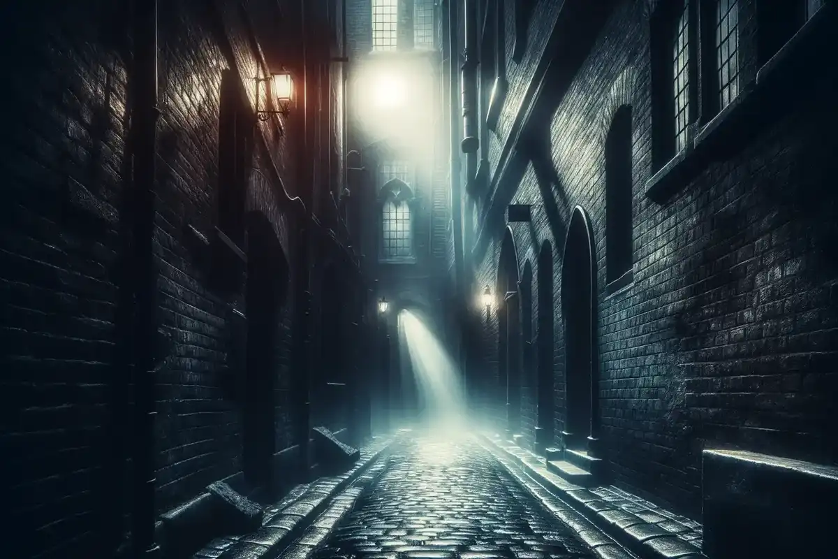 A mysterious alleyway hinting at secrets, ideal for crafting intriguing rogue names.